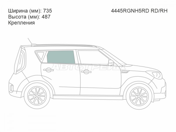 Стекло боковое опускное (Сзади / Справа / Цвет зеленый / Крепления) Kia Soul 13-19