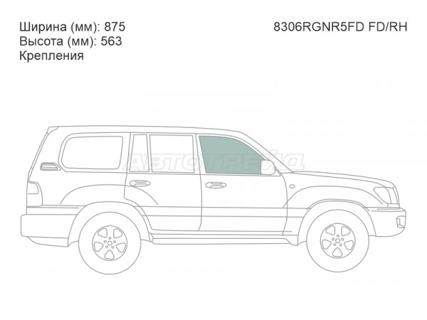 Стекло боковое опускное (Спереди / Справа / Цвет зеленый / Крепления) Toyota Land Cruiser (J100) 98-07  / Lexus LX 98-07