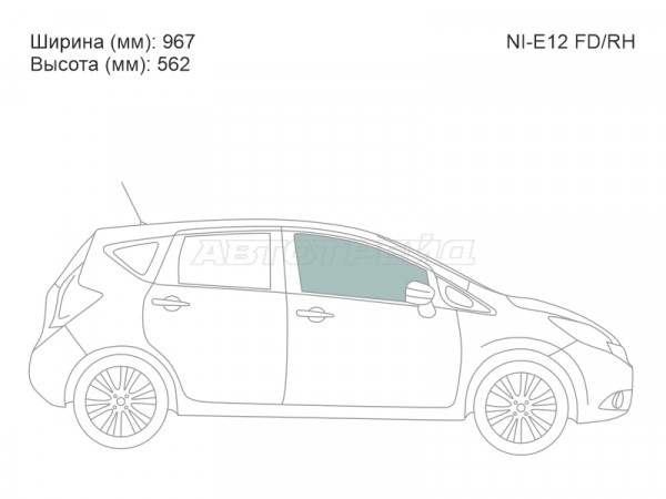 Стекло боковое опускное (Спереди / Справа / Цвет зеленый) Nissan Note 12-20