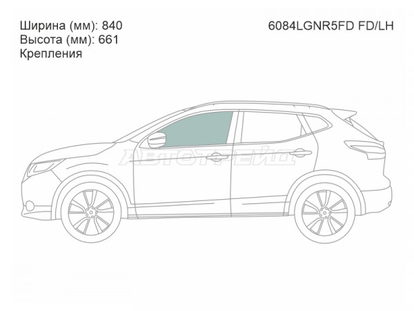 Стекло боковое опускное (Спереди / Слева / Цвет зеленый / Крепления) Nissan Qashqai 13-22