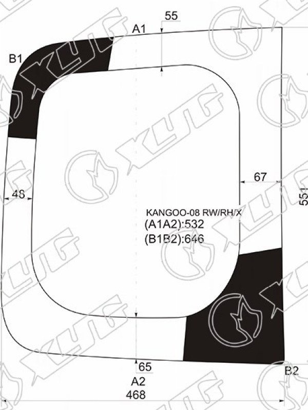 Стекло заднее (Цвет зеленый / Правое) Renault Kangoo 08-16