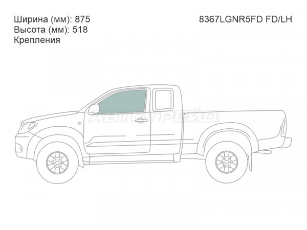 Стекло боковое опускное (Спереди / Слева / Цвет зеленый / Крепления) Toyota Hilux Pick Up 04-15  / Fortuner 04-15