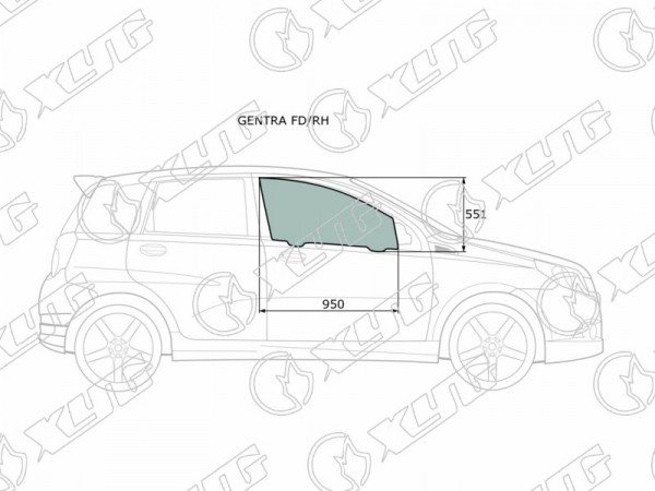 Стекло боковое опускное (Спереди / Справа / Цвет зеленый) Chevrolet Aveo 02-11  / Kalos 03-08