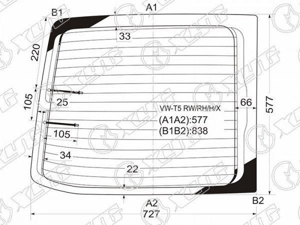 Стекло заднее (Цвет зеленый / Обогрев / Правое) Volkswagen Transporter 03-15  / Multivan 03-15