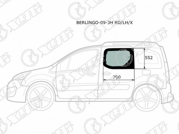 Стекло боковое опускное (Сзади / Слева / Цвет зеленый) Citroen Berlingo 08-22  / Peugeot Partner 08-15