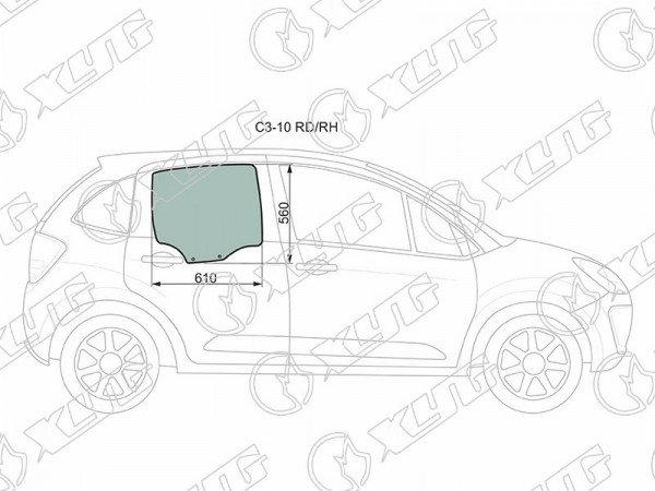 Стекло боковое опускное (Сзади / Справа / Цвет зеленый) Citroen C3 09-16