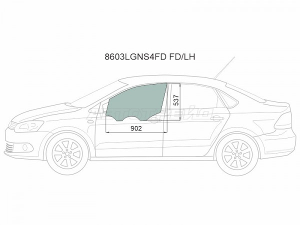 Стекло боковое опускное (Спереди / Слева / Цвет зеленый) Skoda Rapid 20-  / Volkswagen Polo 09-20