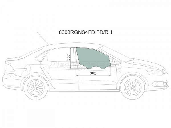 Стекло боковое опускное (Спереди / Справа / Цвет зеленый) Skoda Rapid 20-  / Volkswagen Polo 09-20