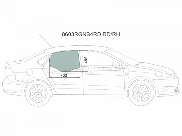 Стекло боковое опускное (Сзади / Справа / Цвет зеленый) Skoda Rapid 20-  / Volkswagen Polo 09-20