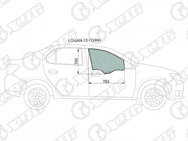 Стекло боковое опускное (Спереди / Справа / Цвет зеленый) Renault Logan 14-22  / Sandero 14-22
