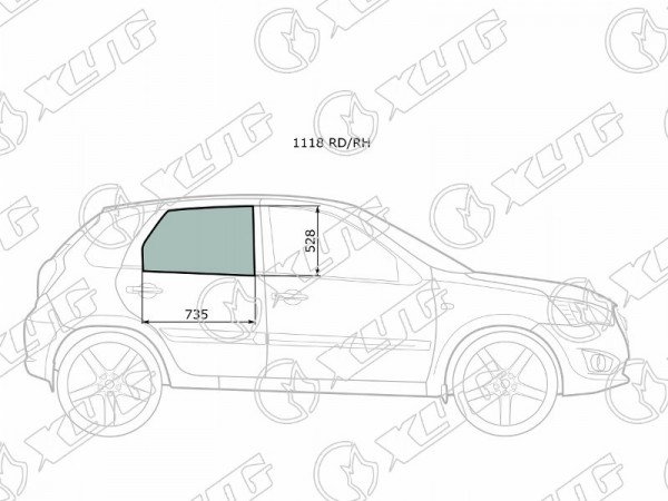 Стекло боковое опускное (Сзади / Справа / Цвет зеленый) LADA Granta 11-  / Datsun mi-Do 14-21