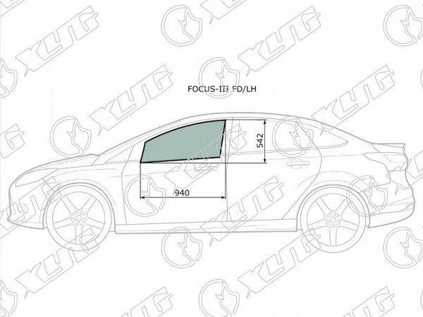 Стекло боковое опускное (Спереди / Слева / Цвет зеленый) Ford Focus 10-19