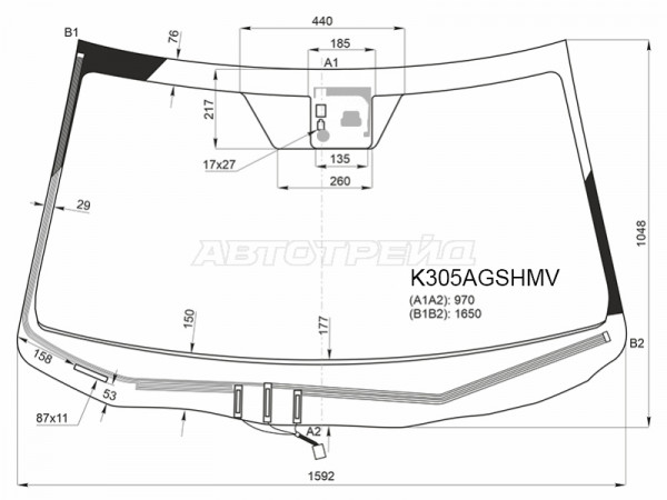 Стекло лобовое (Обогрев щеток / Датчик дождя) Acura MDX 13-21