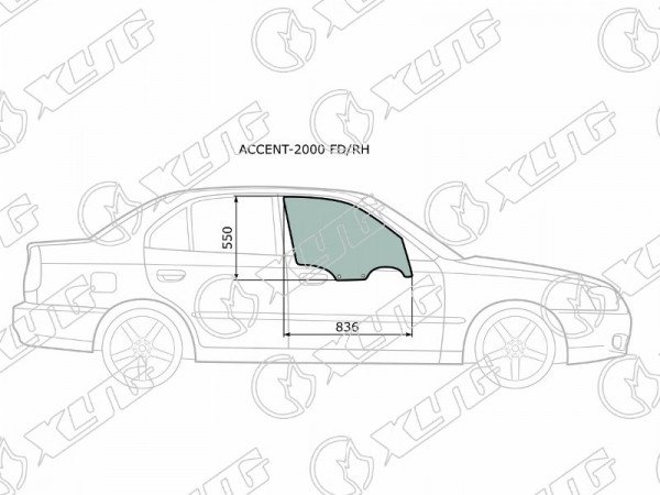 Стекло боковое опускное (Спереди / Справа / Цвет зеленый) Hyundai Accent 99-12  / Verna 00-06