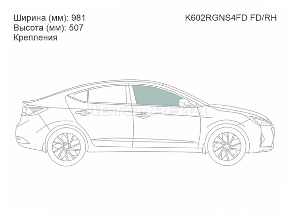 Стекло боковое опускное (Спереди / Справа / Цвет зеленый / Крепления) Hyundai Elantra 15-20