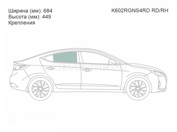 Стекло боковое опускное (Сзади / Справа / Цвет зеленый / Крепления) Hyundai Elantra 15-20
