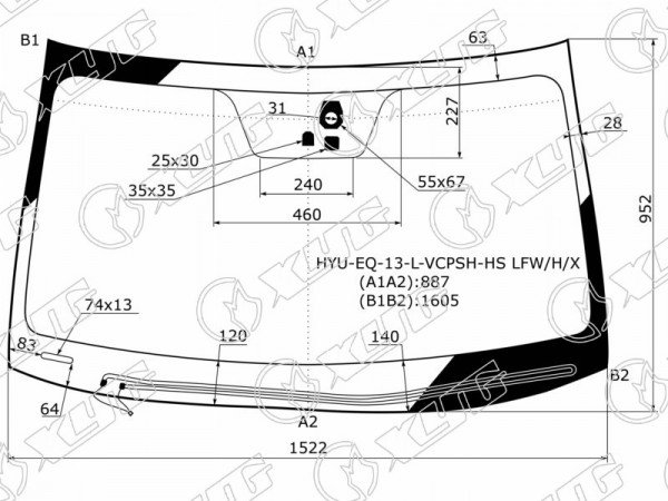 Стекло лобовое с обогревом щеток + дд (круглый) +д /запотевания HYUNDAI EQUUS 4D 13-17