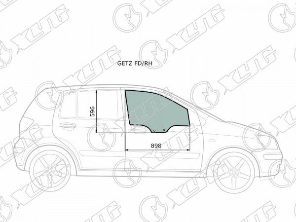 Стекло боковое опускное (Спереди / Справа / Цвет зеленый) Hyundai Click 02-11  / Getz 02-11