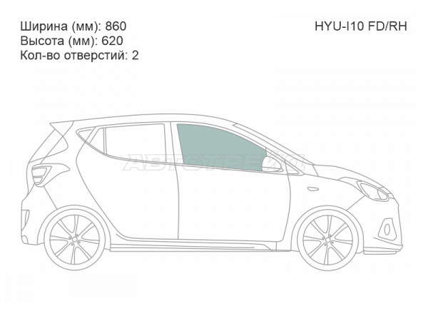 Стекло боковое опускное (Спереди / Справа / Цвет зеленый) Hyundai i10 07-13