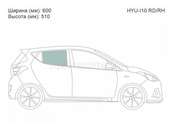 Стекло боковое опускное (Сзади / Справа / Цвет зеленый) Hyundai i10 07-13