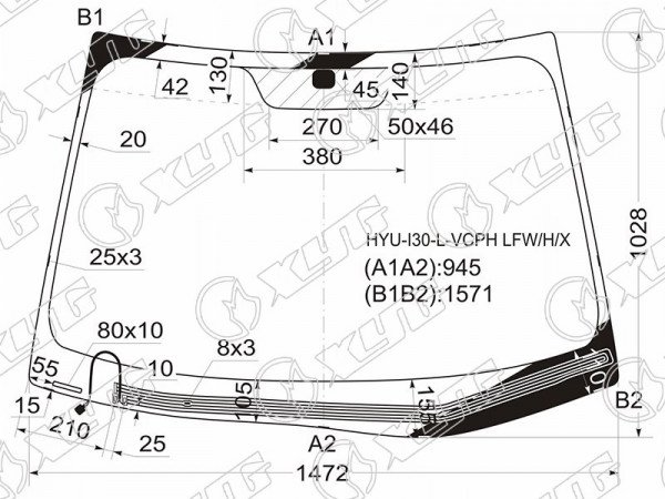 Стекло лобовое с обогревом щеток (VIN 55мм от края) HYUNDAI I30 5D 07-11
