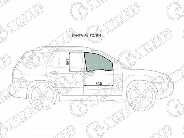 Стекло переднее правое опускное HYUNDAI SANTA FE 00-06 /TAGAZ 06-