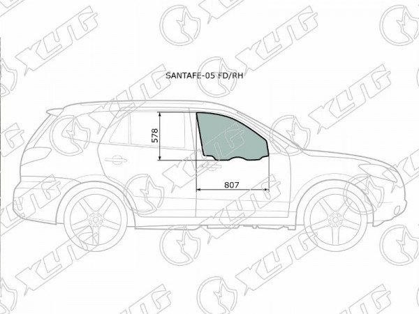 Стекло боковое опускное (Спереди / Справа / Цвет зеленый) Hyundai Santa Fe 05-12