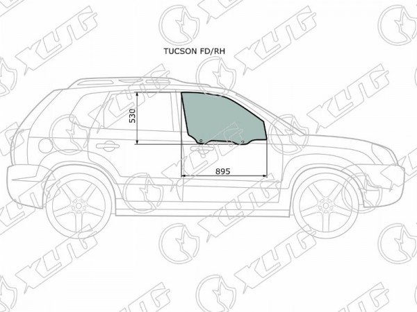 Стекло боковое опускное (Спереди / Справа / Цвет зеленый) Hyundai Tucson 04-09