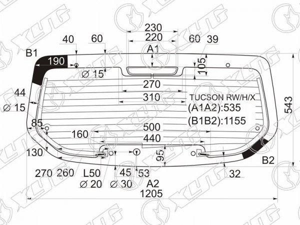 Стекло заднее с обогревом 7 отверстий HYUNDAI TUCSON 04-10